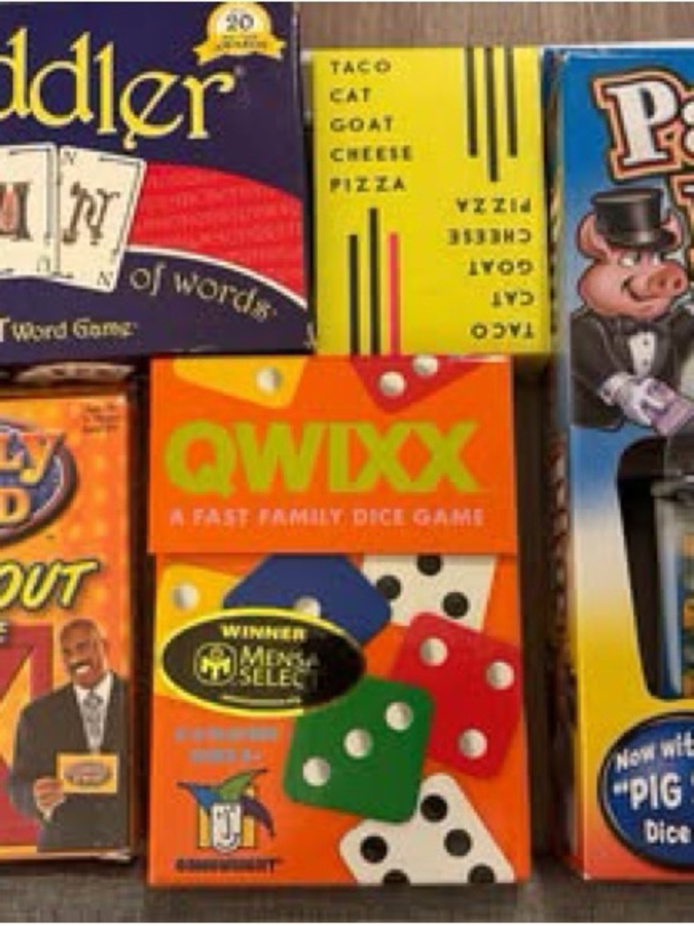 Game Bundle: Quiddler, Qwixx, Family Feud, Pass the Pigs,Taco CatGoatCheesePizza